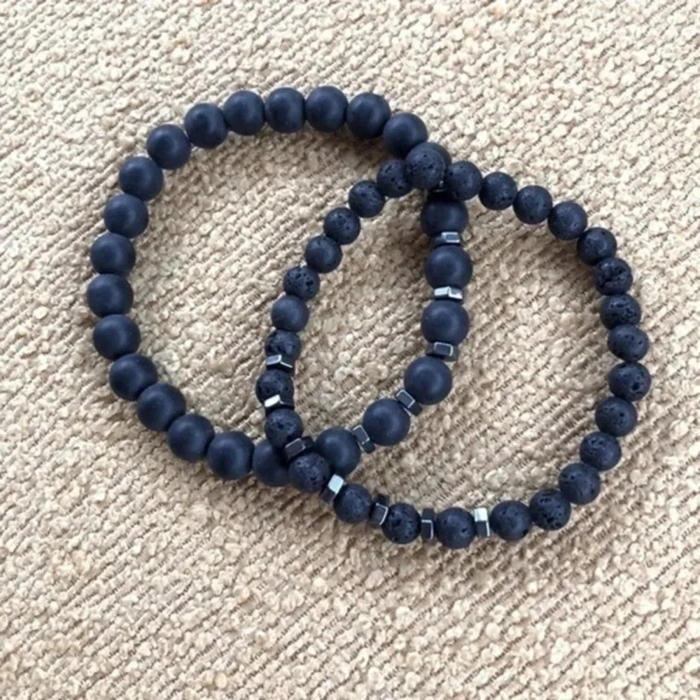 Men’s 2 Piece Black Bead Lava Stone Hematite Bracelets NWT